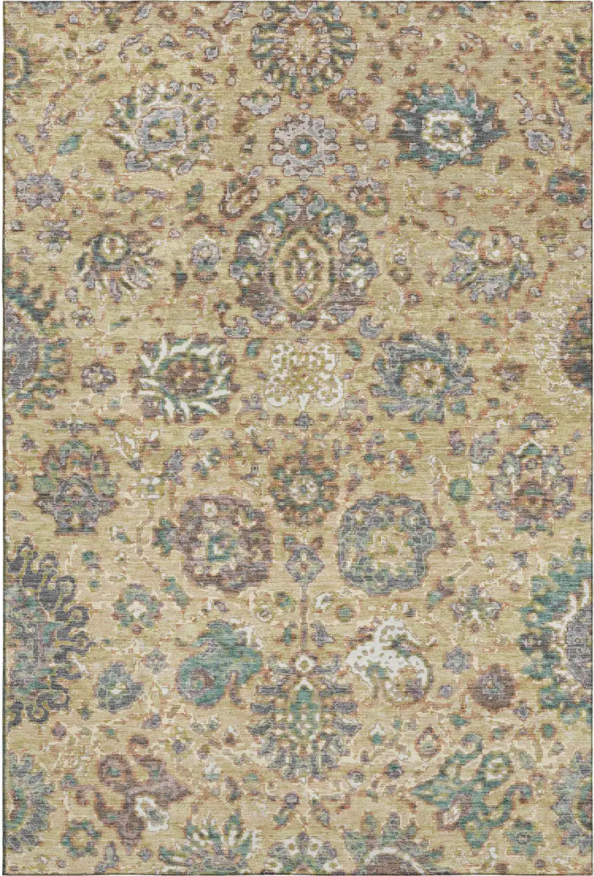 Gold Gray And Ivory Oriental Washable Area Rug With UV Protection Photo 1