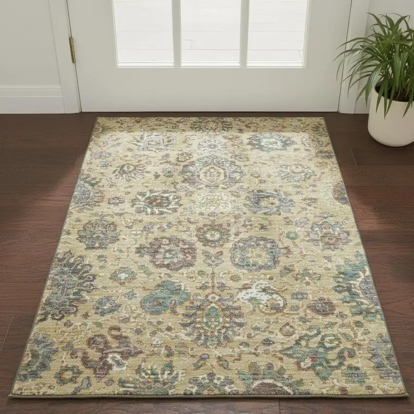 Gold Gray And Ivory Oriental Washable Area Rug With UV Protection Photo 2