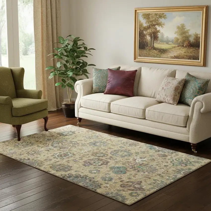 Gold Gray And Ivory Oriental Washable Area Rug With UV Protection Photo 2