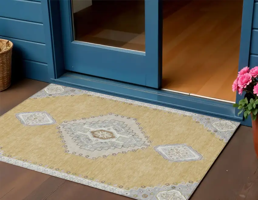 Gold Gray And Ivory Oriental Washable Indoor Outdoor Area Rug Photo 1