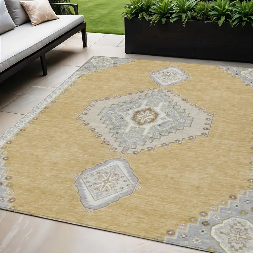 Gold Gray And Ivory Oriental Washable Indoor Outdoor Area Rug Photo 1