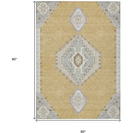 Gold Gray And Ivory Oriental Washable Indoor Outdoor Area Rug Photo 3