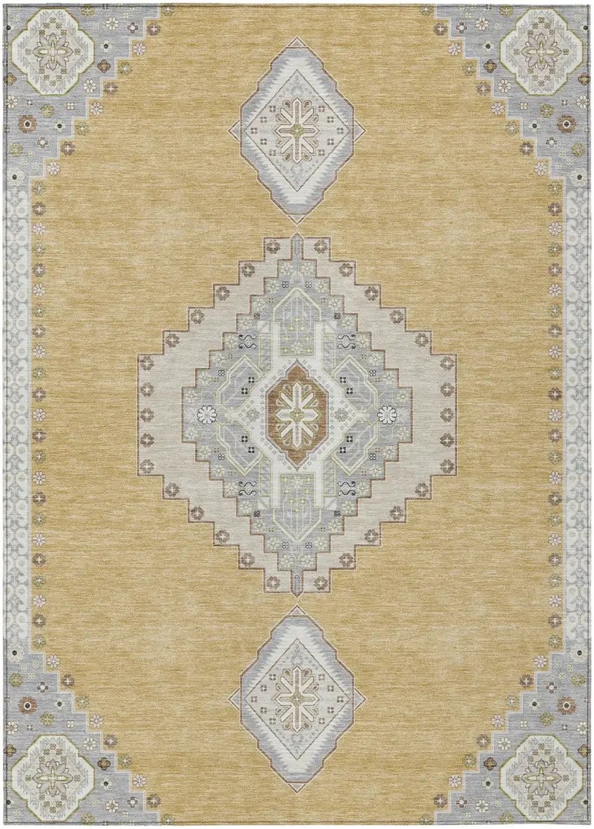 Gold Gray And Ivory Oriental Washable Indoor Outdoor Area Rug Photo 2