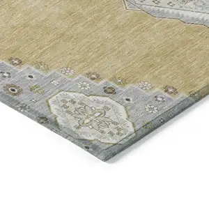 Photo of Gold Gray And Ivory Oriental Washable Indoor Outdoor Area Rug