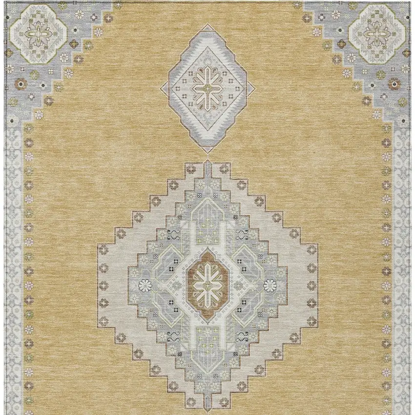 Gold Gray And Ivory Oriental Washable Indoor Outdoor Area Rug Photo 7