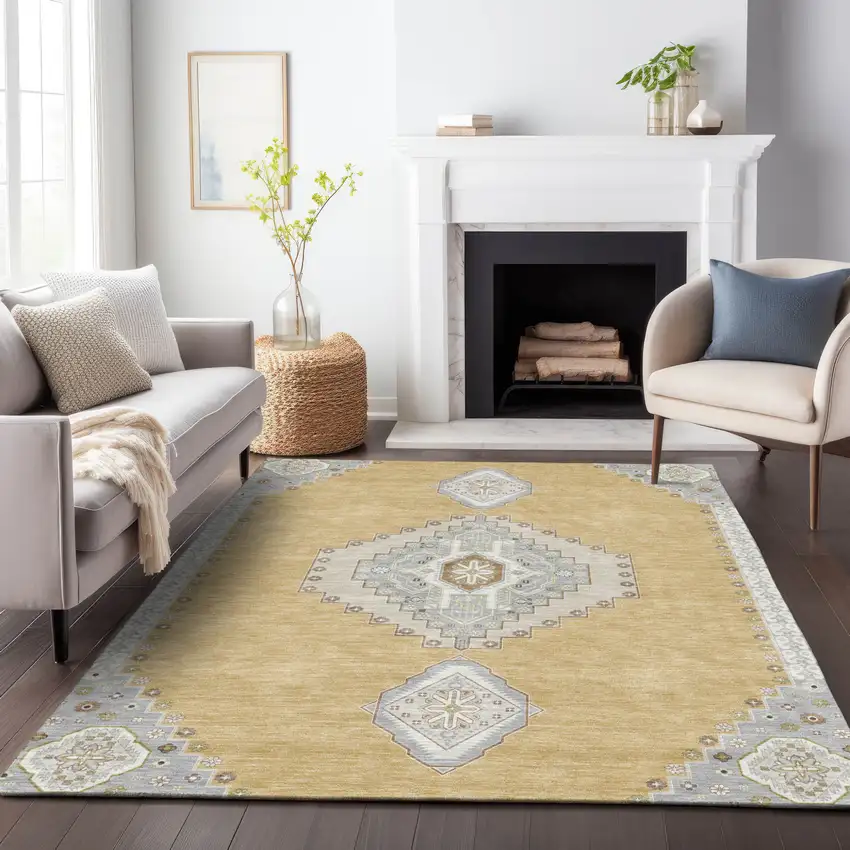 Gold Gray And Ivory Oriental Washable Indoor Outdoor Area Rug Photo 9