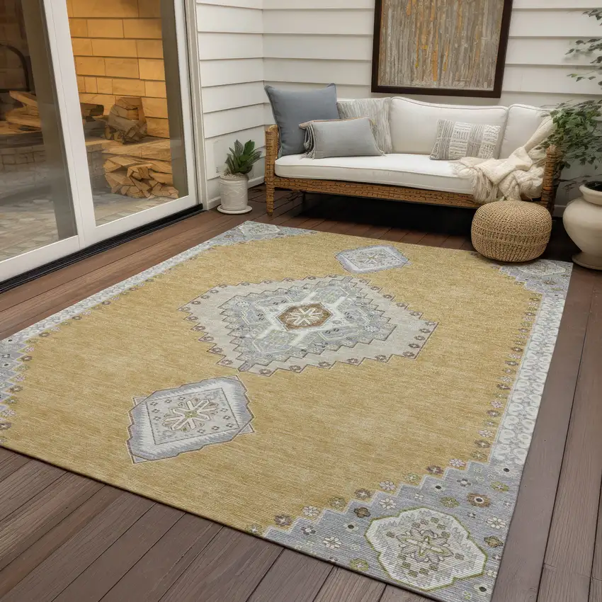 Gold Gray And Ivory Oriental Washable Indoor Outdoor Area Rug Photo 8