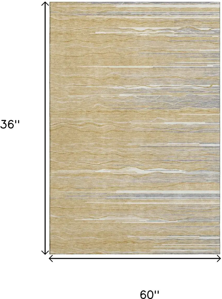 Gold Gray And Ivory Striped Washable Area Rug With UV Protection Photo 7