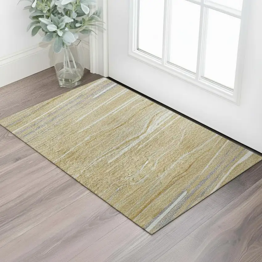 Gold Gray And Ivory Striped Washable Area Rug With UV Protection Photo 2
