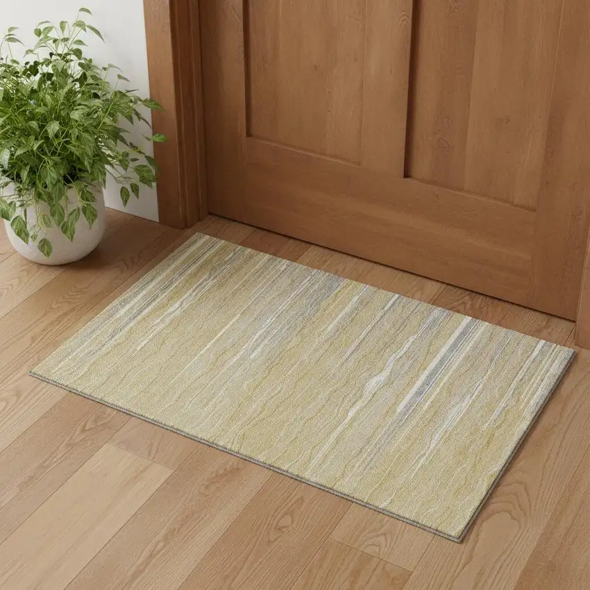 Gold Gray And Ivory Striped Washable Area Rug With UV Protection Photo 1