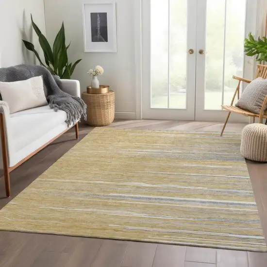Gold Gray And Ivory Striped Washable Area Rug With UV Protection Photo 3