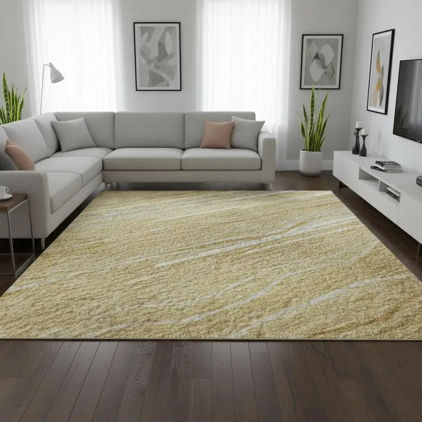 Gold Gray And Ivory Striped Washable Area Rug With UV Protection Photo 2