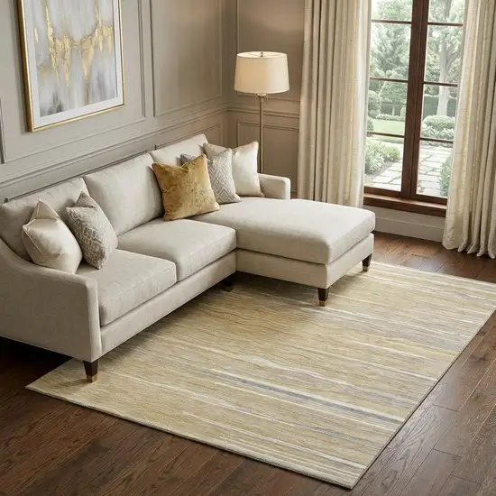 Gold Gray And Ivory Striped Washable Area Rug With UV Protection Photo 1