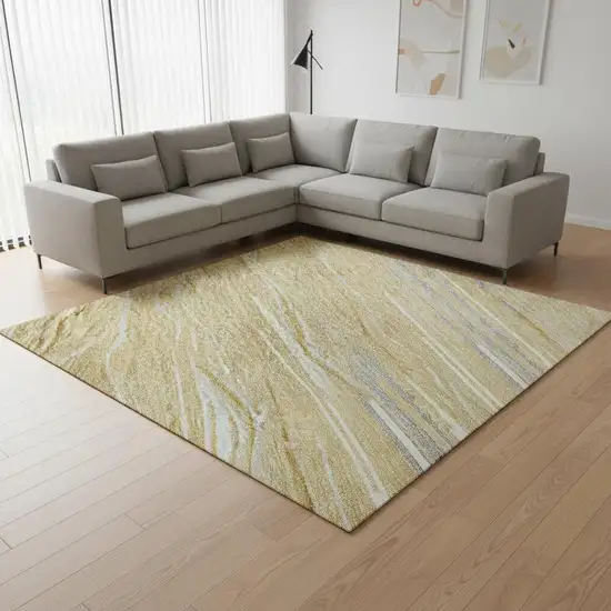 Gold Gray And Ivory Striped Washable Area Rug With UV Protection Photo 2