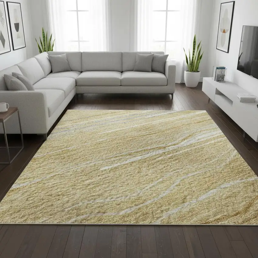 Gold Gray And Ivory Striped Washable Area Rug With UV Protection Photo 2