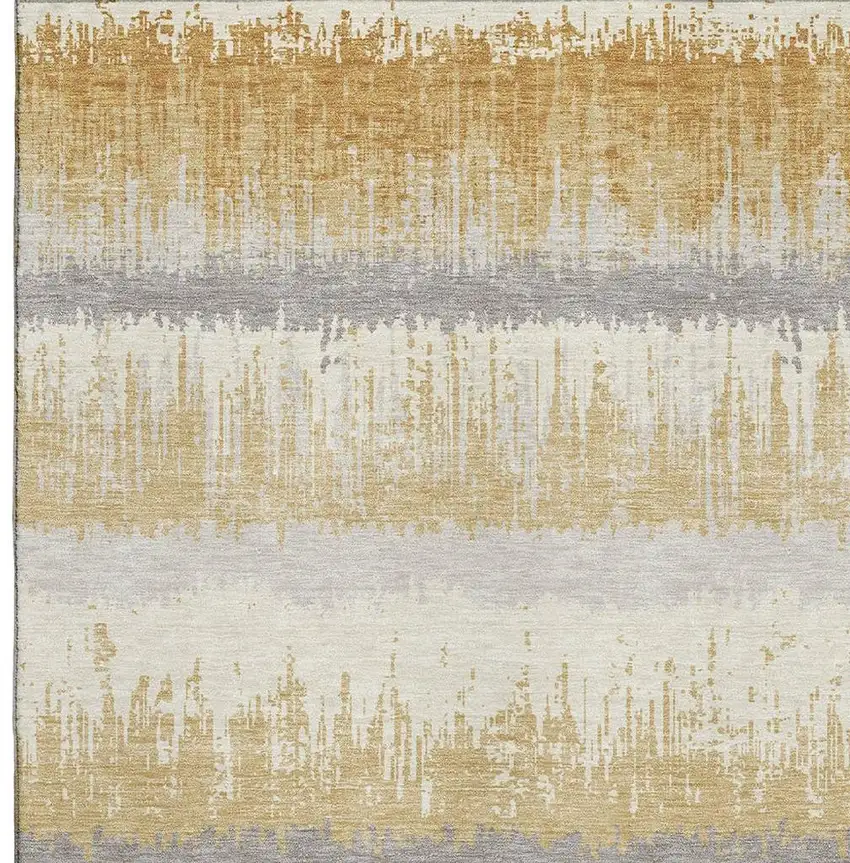 Gold Gray And Ivory Striped Washable Area Rug With UV Protection Photo 3
