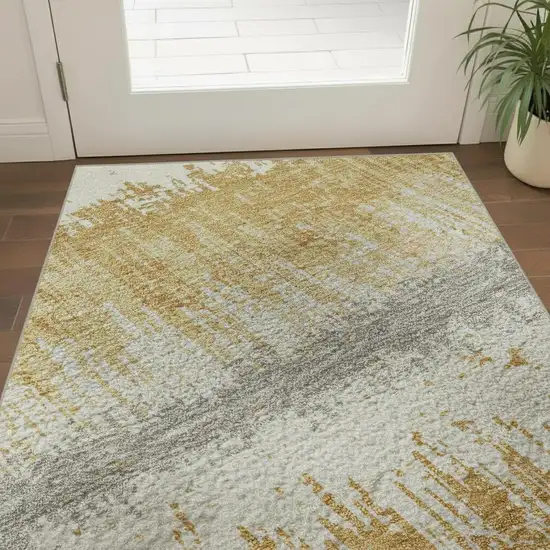 Gold Gray And Ivory Striped Washable Area Rug With UV Protection Photo 2