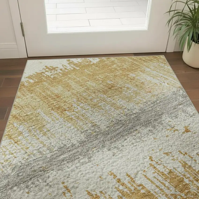 Gold Gray And Ivory Striped Washable Area Rug With UV Protection Photo 2