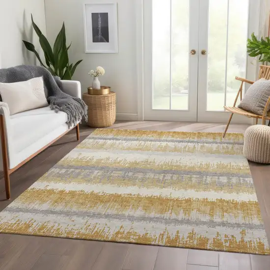 Gold Gray And Ivory Striped Washable Area Rug With UV Protection Photo 4