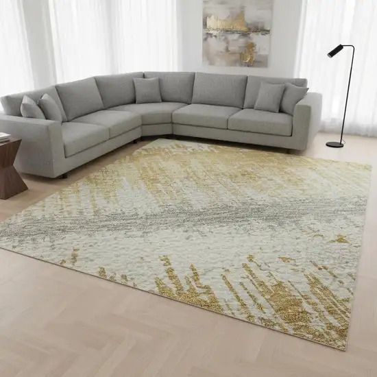 Gold Gray And Ivory Striped Washable Area Rug With UV Protection Photo 2