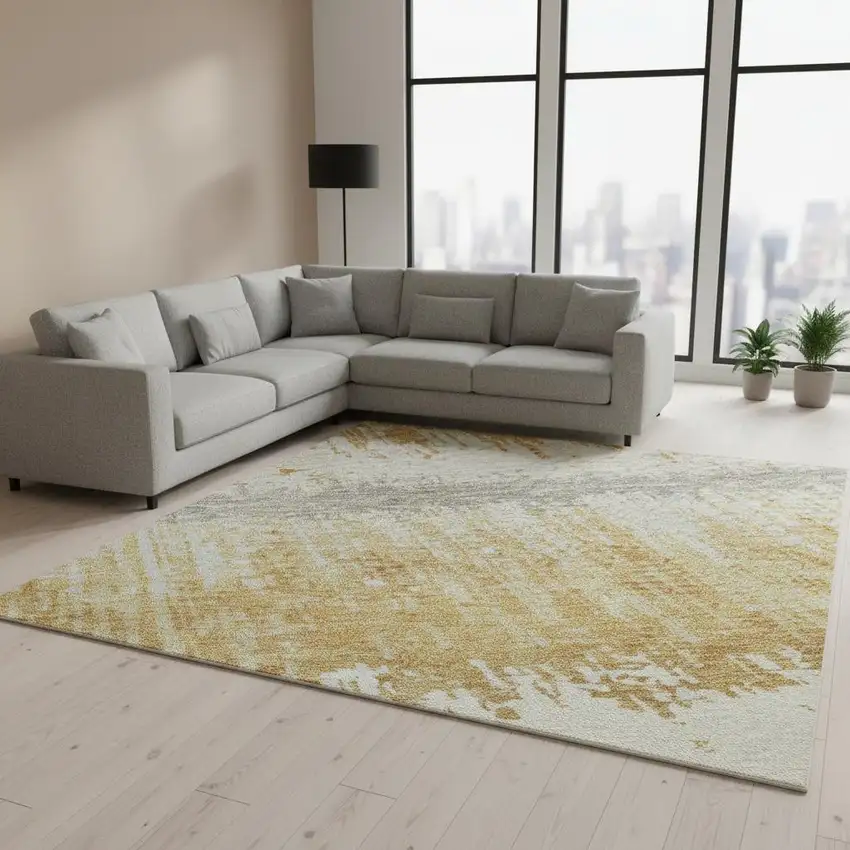 Gold Gray And Ivory Striped Washable Area Rug With UV Protection Photo 2