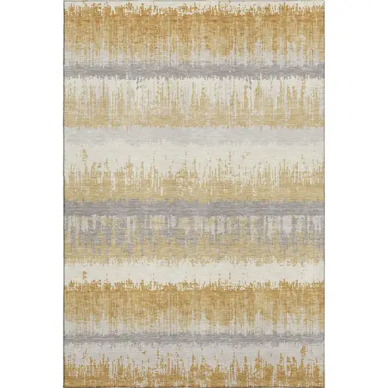 Gold Gray And Ivory Striped Washable Area Rug With UV Protection Photo 5