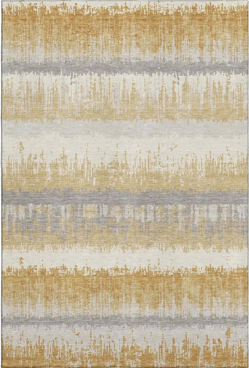 Gold Gray And Ivory Striped Washable Area Rug With UV Protection Photo 5