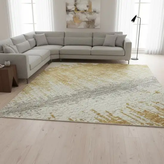 Gold Gray And Ivory Striped Washable Area Rug With UV Protection Photo 2