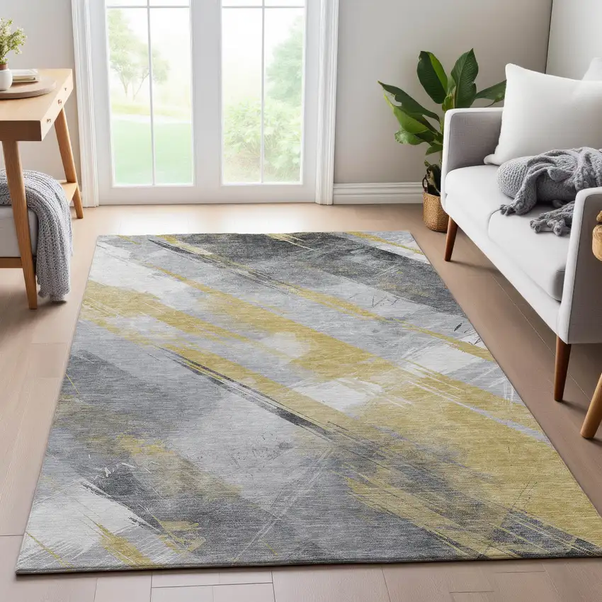 Gold Gray And Ivory Striped Washable Area Rug With UV Protection Photo 4