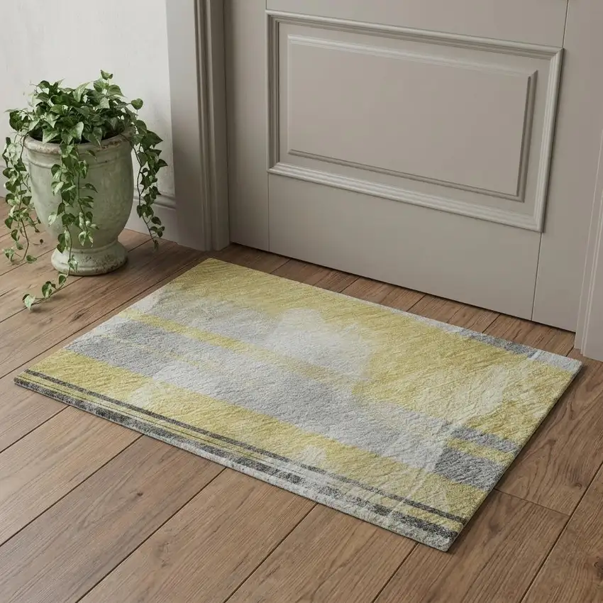 Gold Gray And Ivory Striped Washable Area Rug With UV Protection Photo 1