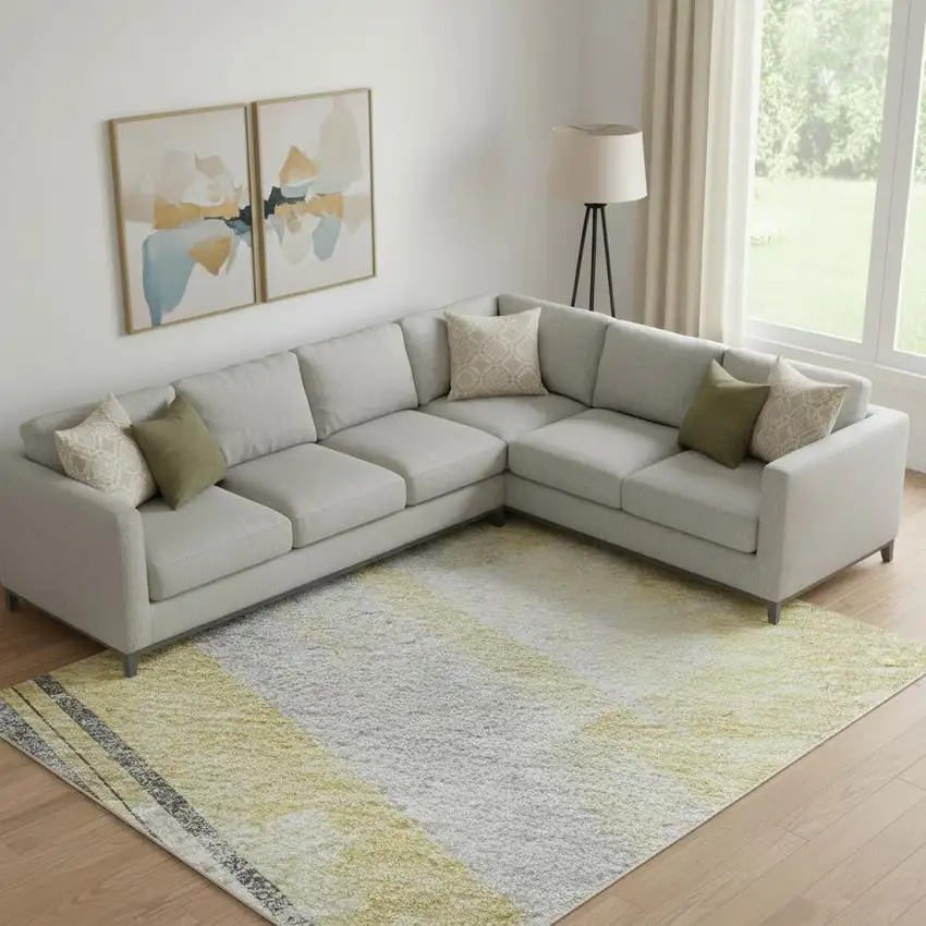 Gold Gray And Ivory Striped Washable Area Rug With UV Protection Photo 2