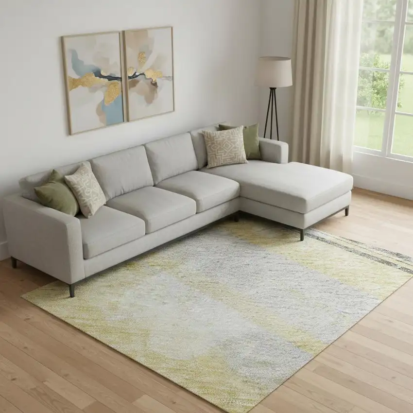 Gold Gray And Ivory Striped Washable Area Rug With UV Protection Photo 2