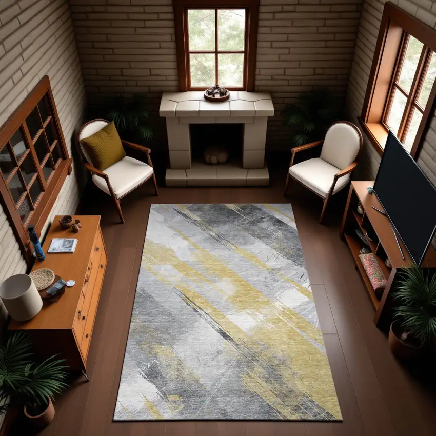Gold Gray And Ivory Striped Washable Area Rug With UV Protection Photo 2