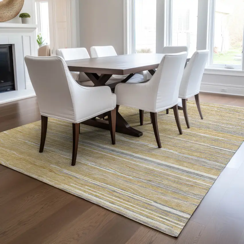 Gold Gray And Ivory Striped Washable Indoor Outdoor Area Rug Photo 9