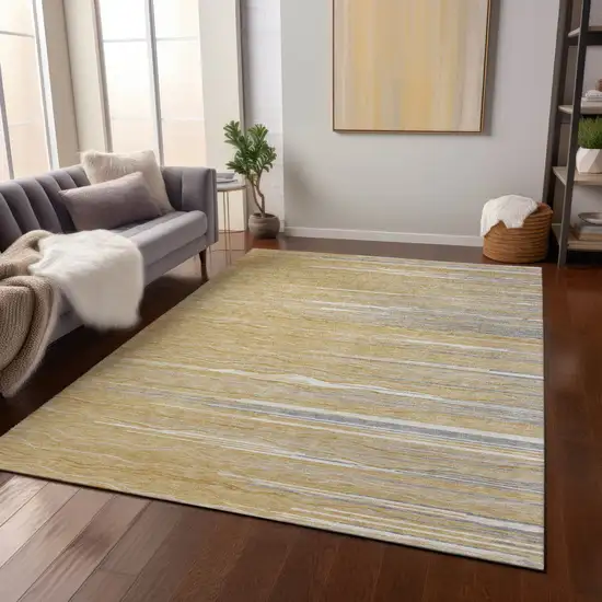 Gold Gray And Ivory Striped Washable Indoor Outdoor Area Rug Photo 8