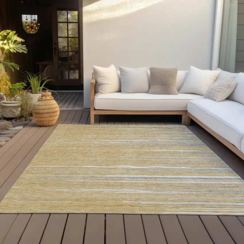 Gold Gray And Ivory Striped Washable Indoor Outdoor Area Rug Photo 7