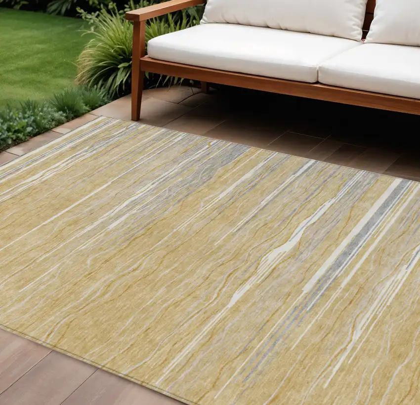 Gold Gray And Ivory Striped Washable Indoor Outdoor Area Rug Photo 1