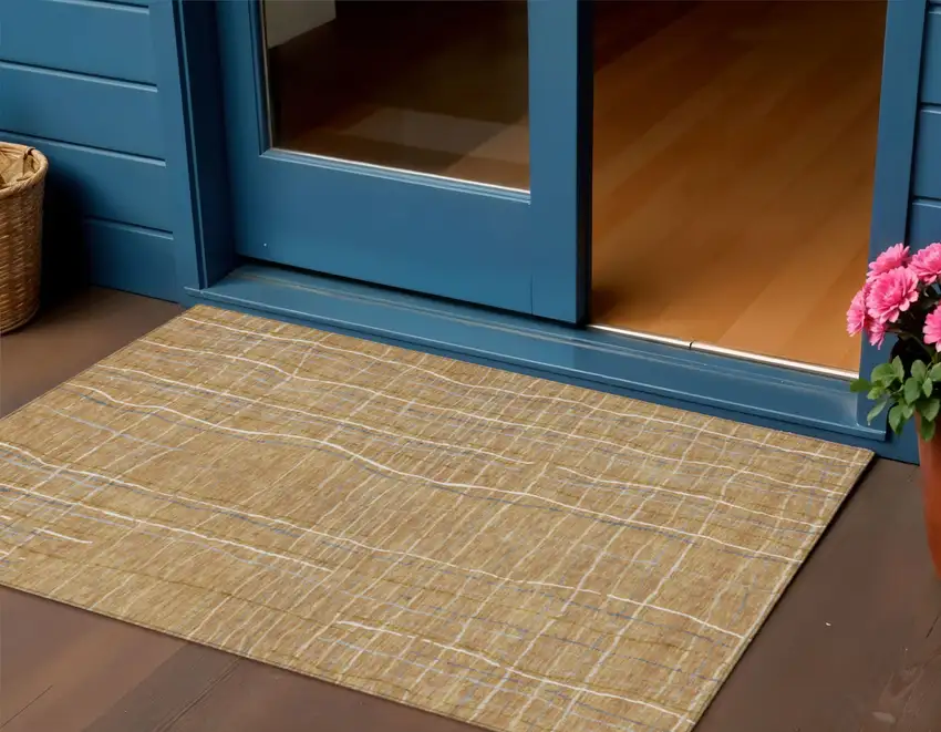 Gold Gray And Ivory Striped Washable Indoor Outdoor Area Rug Photo 1