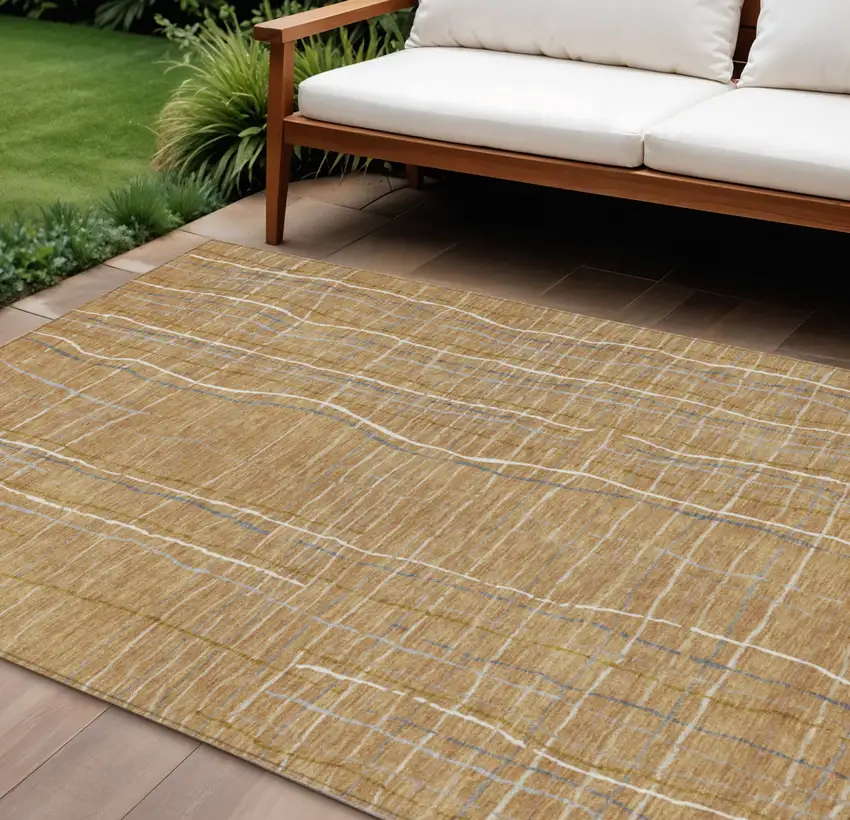 Gold Gray And Ivory Striped Washable Indoor Outdoor Area Rug Photo 1