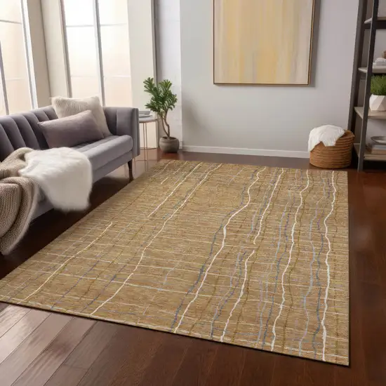 Gold Gray And Ivory Striped Washable Indoor Outdoor Area Rug Photo 9