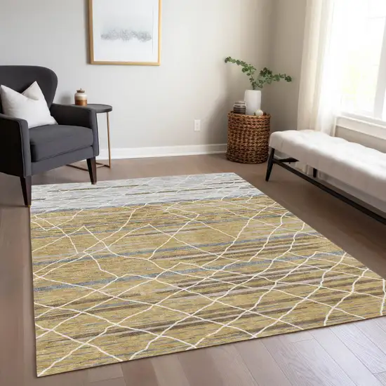Gold Gray And Ivory Striped Washable Indoor Outdoor Area Rug Photo 9