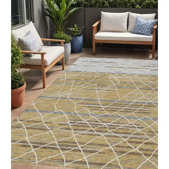 Gold Gray And Ivory Striped Washable Indoor Outdoor Area Rug Photo 1