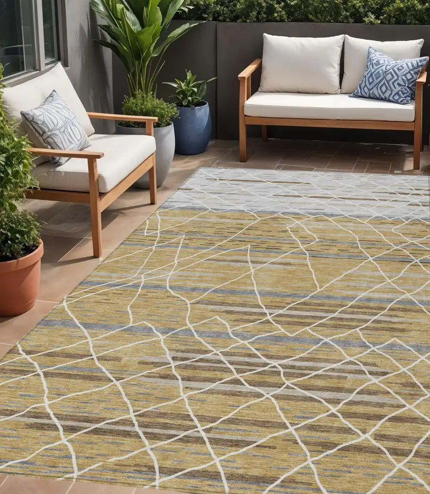 Gold Gray And Ivory Striped Washable Indoor Outdoor Area Rug Photo 1