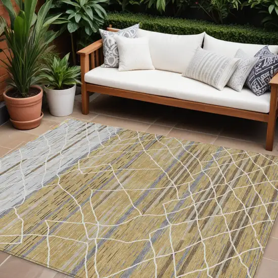 Gold Gray And Ivory Striped Washable Indoor Outdoor Area Rug Photo 1