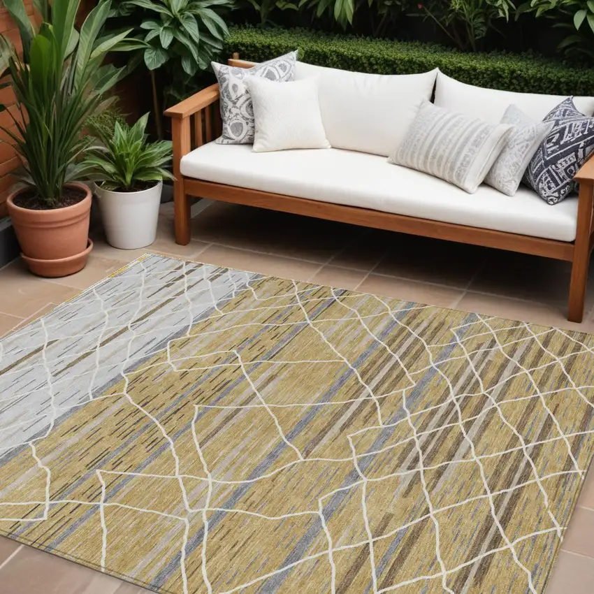Gold Gray And Ivory Striped Washable Indoor Outdoor Area Rug Photo 1