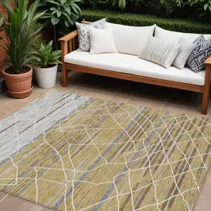 Photo of Gold Gray And Ivory Striped Washable Indoor Outdoor Area Rug