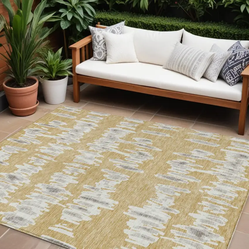Gold Gray And Ivory Striped Washable Indoor Outdoor Area Rug Photo 1