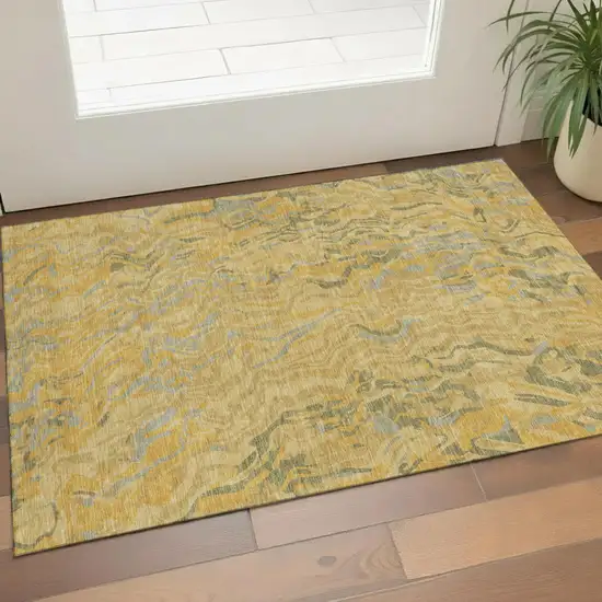 Gold Gray And Olive Green Abstract Washable Area Rug With UV Protection Photo 1