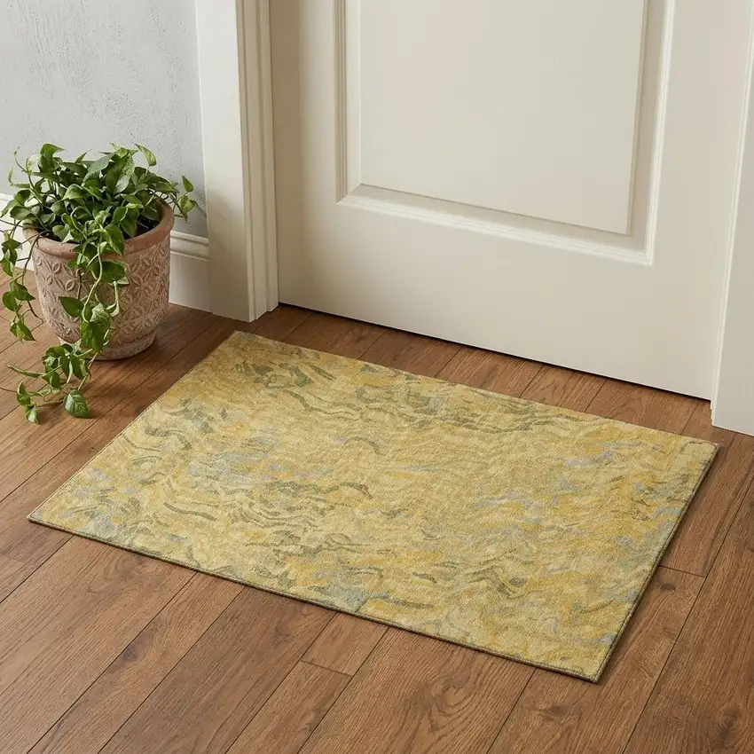 Gold Gray And Olive Green Abstract Washable Area Rug With UV Protection Photo 1
