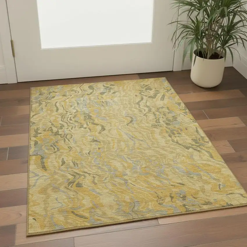 Gold Gray And Olive Green Abstract Washable Area Rug With UV Protection Photo 2